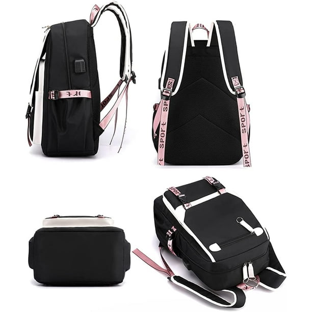 Nipocaio Girls School Student School Bag Outdoor Backpack With Usb Charging Port Black Pink Backpack