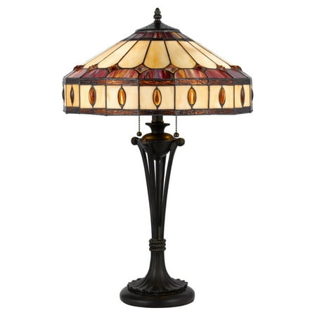 Xia 26 Inch Tiffany Style Vintage Table Lamp, Glass Shade, Antique Bronze- Saltoro Sherpi