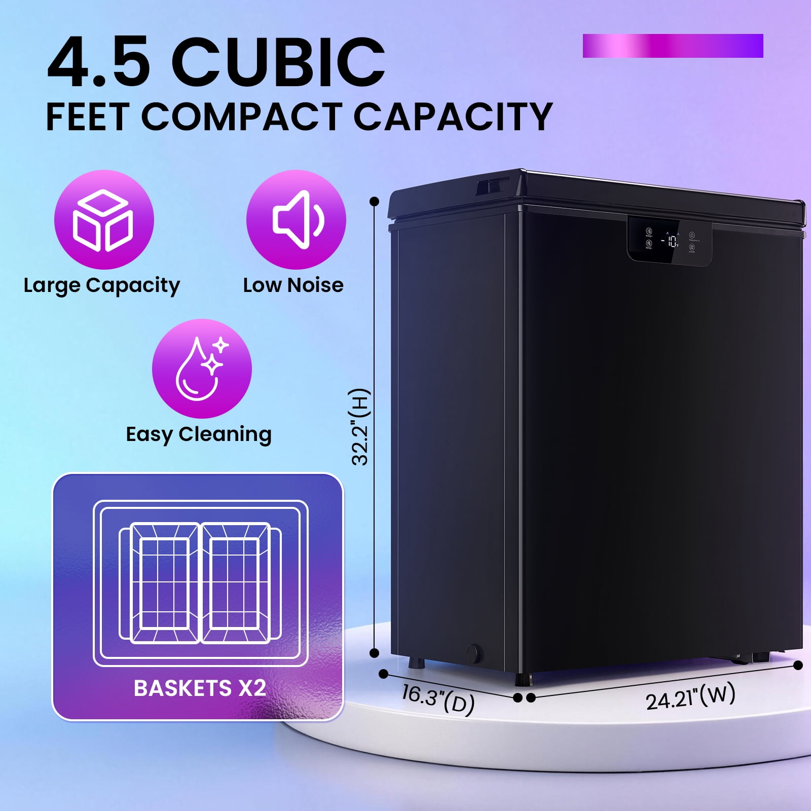 JIEJIA 4.5 Cu.ft Chest Freezer Large Capacity Compact Mini Deep Freezer with Electronic Temperature Control and 2 Removable Baskets Top Open Door Energy Saving, Black
