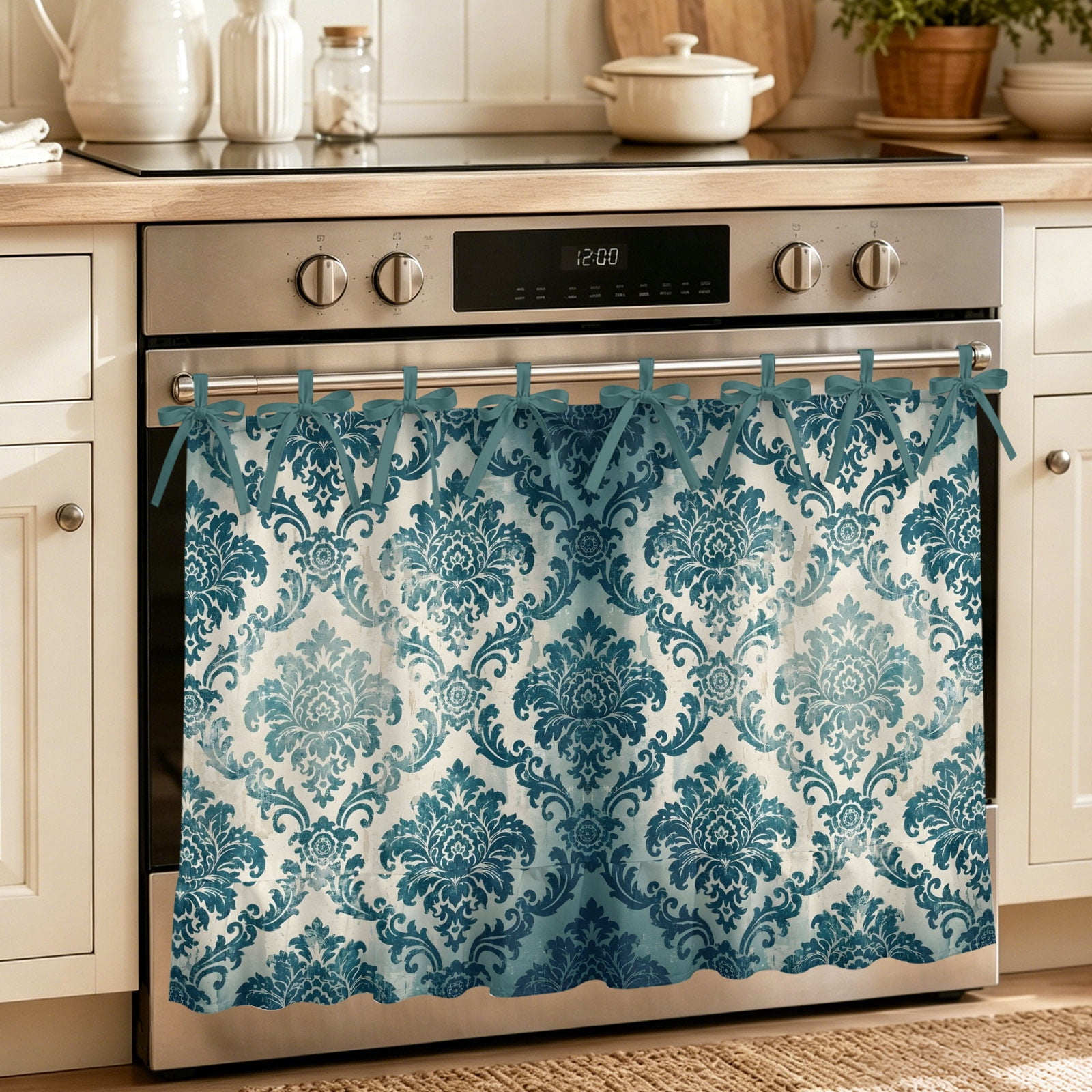 Oven Skirt Curtain for Kitchen 21.5x30 Inch Turquoise Boho Oven Curtain with 8 Ribbon Ties & Ruffle Trim Stove Skirt Curtain Dishwasher for Cabinets Over Sinks Teal Ombre Floral Ethic Tribe