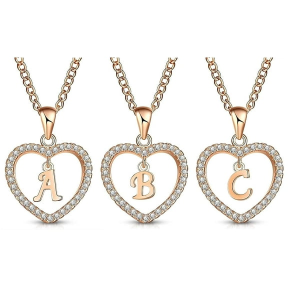 Rose Gold Plated All 26 Letter Alphabet Initial Heart CZ Cubic Zirconia Pendant Mens Womens Necklace, Giorgio Bergamo M
