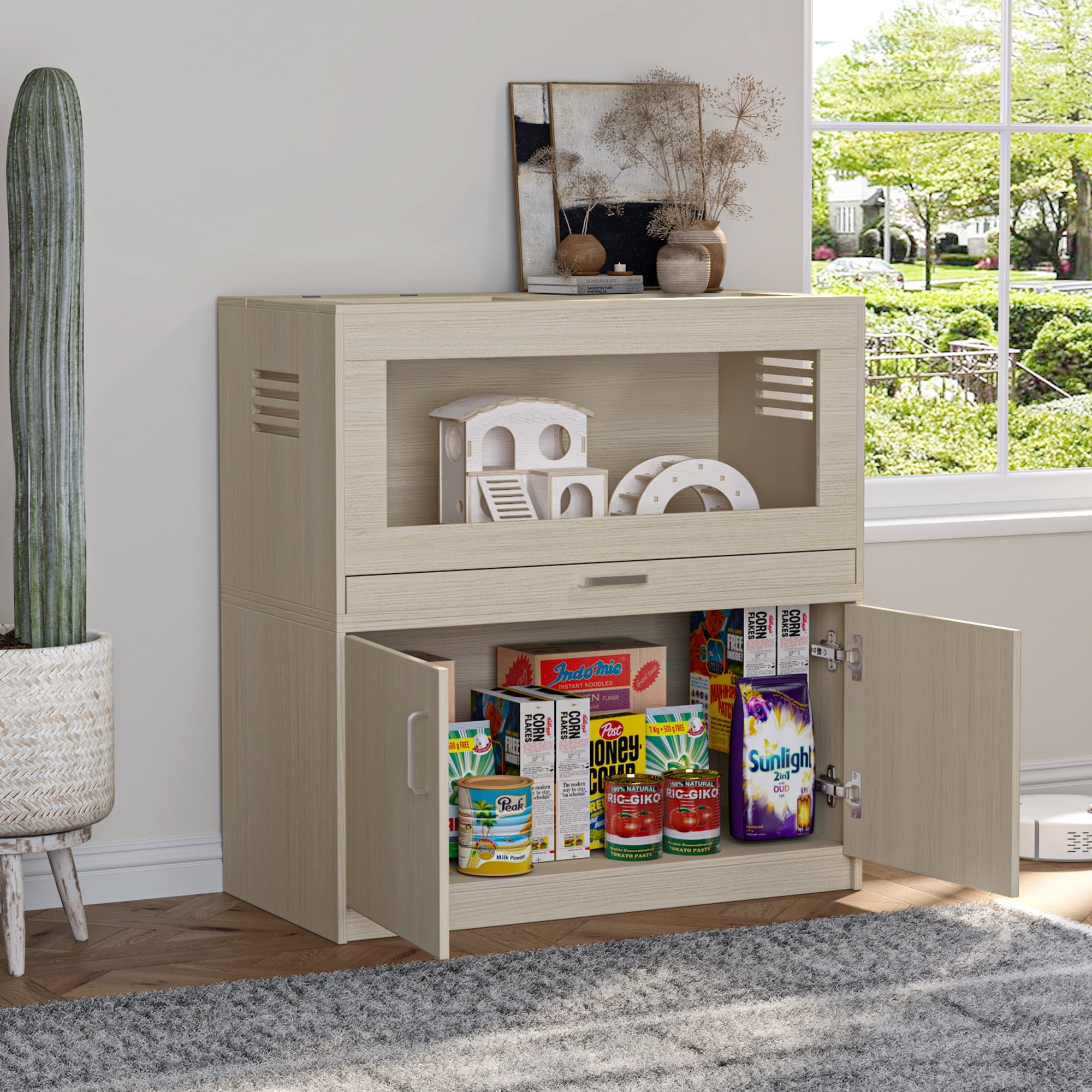 Pefilos 33" Indoor Hamster Cages, Wooden Rat House with Independent Storage Cabinet, Small Animal Pet Cage Guinea Pig Hutch, Dark Beige