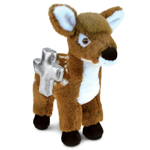 DolliBu Standing Deer Large Stuffed Animal with Silver Cross Plush – Religious Baby Baptism Gifts for Boys and Girls, Dedication Christening Gifts Plush Prayer Toy Healing Stuffed Animal - 12.5 Inch
