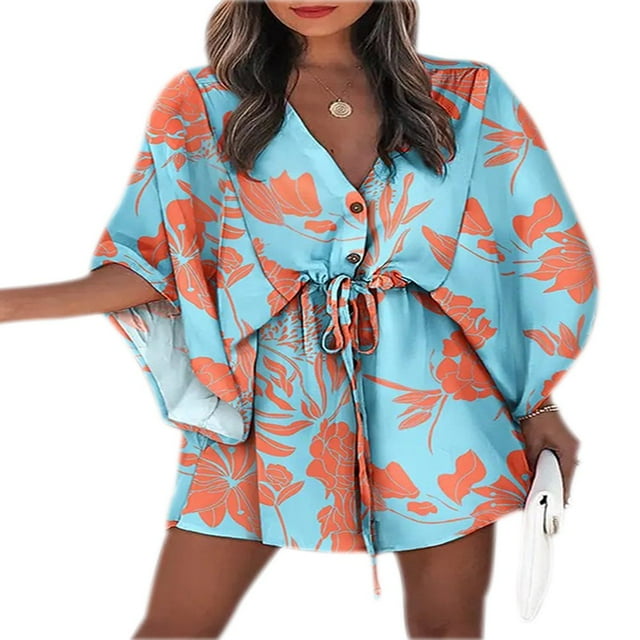Middle Sleeve Leaf Floral Dresses for Women Button Chest Elastic Waist One Piece