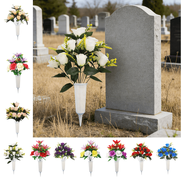 CuiLiyq Artificial Cemetery Flowers for Grave, Grave Decorations Roses, Memorial Flowers Bouquet with Vase for Grave Cemetery Decoration, 1 Bouquet
