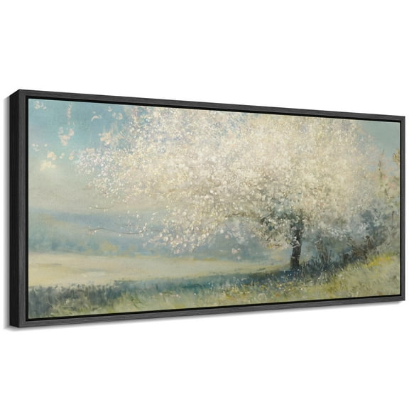 Large Framed Canvas Print Blooming Spring Tree in Pastel Tones - Impressionist NatureWall Art Decorative Ready to Hang Painting for Living room Bedroom 60x30 inches Black Frame