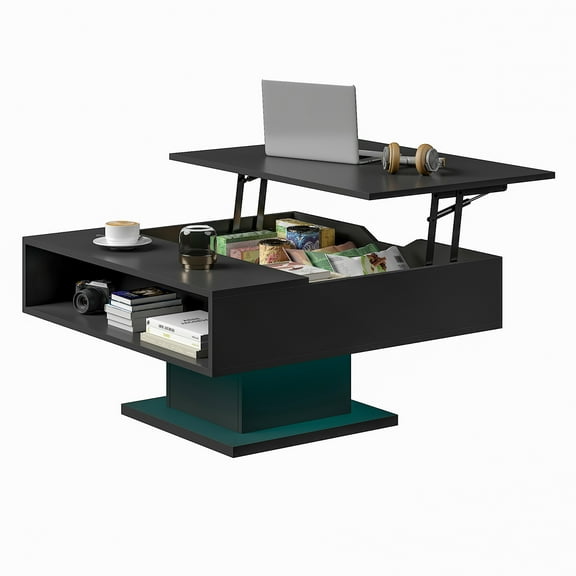 Black LED Lift Top Coffee Table: Square Wood Center Table with Hidden Storage for Living Room, Modern Design for Dining & Reception Areas