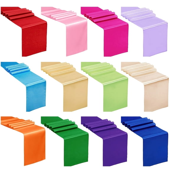 12 Pcs Colorful Satin Table Runner Set, Multi-Color Wedding, Party, Conference, and Birthday Tablecloth, 275 cm x 30 cm, Includes Red, Green, Purple, Blue, Pink, Champagne, and More