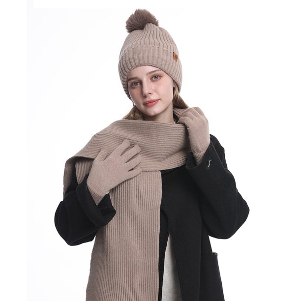Gorro de lana acolchado de terciopelo doble para mujer, cálido, bufanda y guantes, traje de tres piezas a juego.