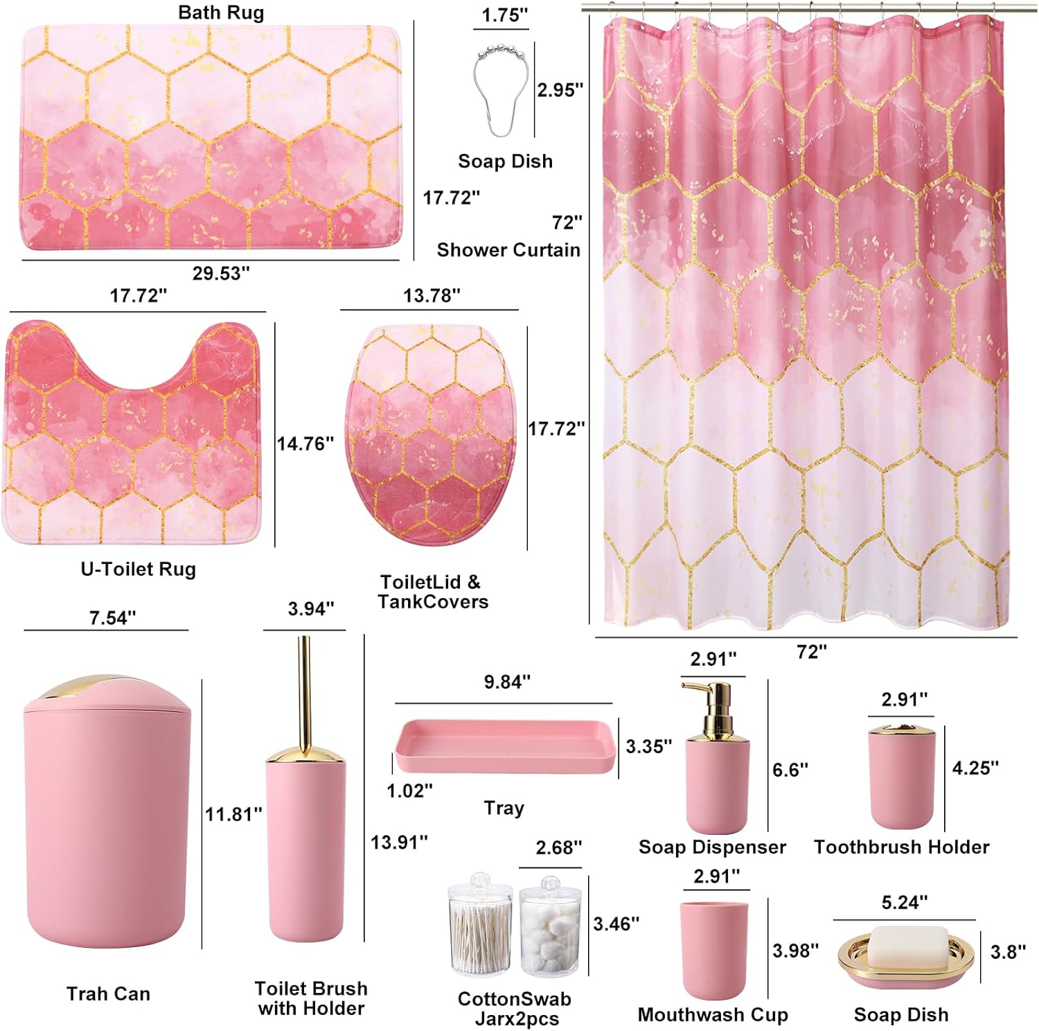 25 Pieces Bathroom Set Orange and Gold Bathroom Accessories Set, Shower Curtain and Rugs, Trash Can, Toilet Brush, Soap Dispenser, Soap Dish, Toothbrush Holder, Tumbler, Tray, Qtip Holder