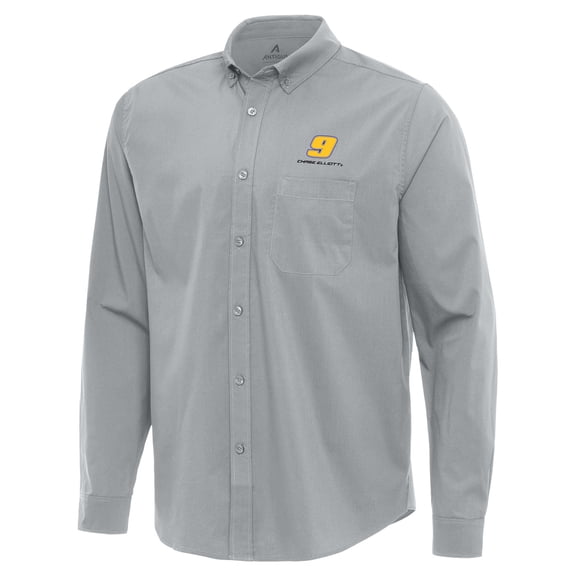Men's Antigua Gray Chase Elliott Flight Woven Tri-Blend Long Sleeve Button-Down Shirt