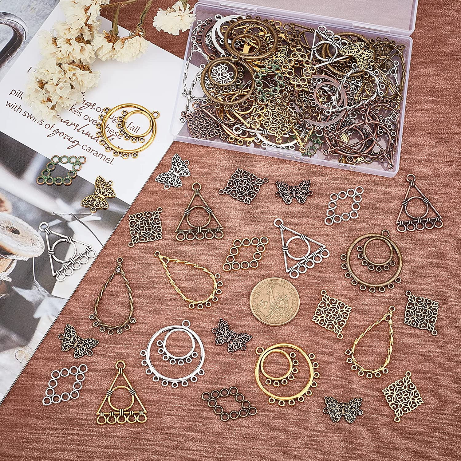 96pcs Earrings Pendants Kit 6 Styles Metal Hollow Links Connectors Dangle Pendant Earrings for Earring Bracelet Necklace Choker Jewelry DIY Craft Making (4 Colors)