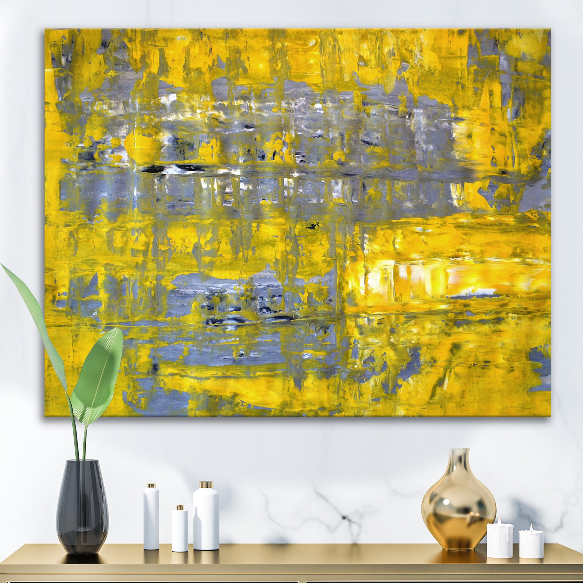 Grey Meets Yellow Abstract Art I 8 in x 12 in Painting Canvas Art Print, by Designart