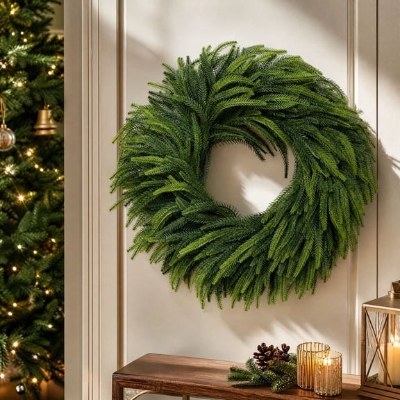 Christmas Norfolk Pine Wreath,Artificial Christmas Wreaths,Real Touch Green Winter Garland for Front Door Wall Window Indoor Outdoor Christmas Home Holiday Decor