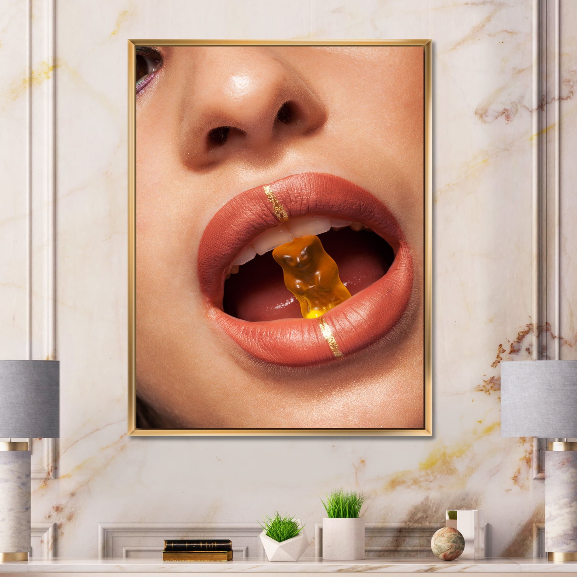Designart 'Close Up VIew of Female Lips Biting Gummy Bear' Modern Framed Canvas Wall Art Print