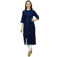 thumbnail image 2 of Bimba Women's Button Down Rayon Kurta Kurti Formal Straight Tunic Blouse 3/4 Sleeve , Navy Blue, 4, 2 of 5