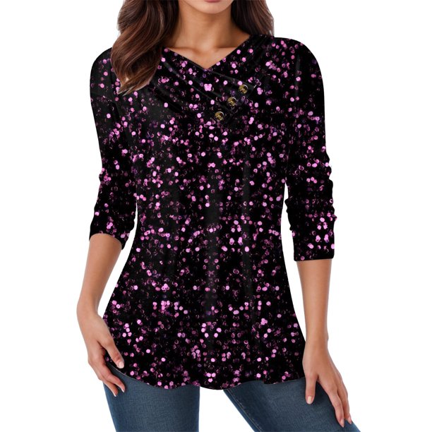 Gibobby Blusa Mujer Camisa de manga larga interior retro simple estampada con cuello en V superior para mujer(Morado, M)