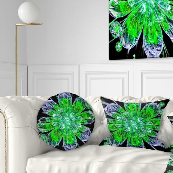 Designart Shiny Green Purple Fractal Flower on Black - Floral Throw Pillow - 12x20