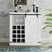 FESTIVO 37 in. White Wood Buffet Bar Cabinet Barn Door with Marbling Pattern Countertop