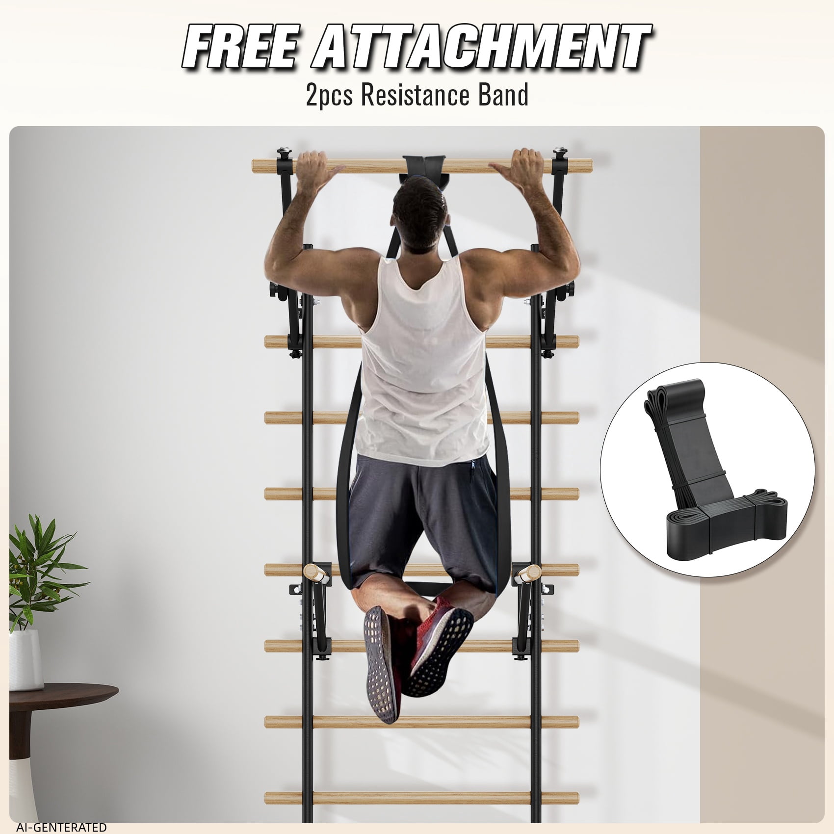 FiitDavz Swedish Ladder Wall Gym, Wooden Stall Bar with Pull-Up Bar and Dip Bar, Adjustable, 300 lb Capacity