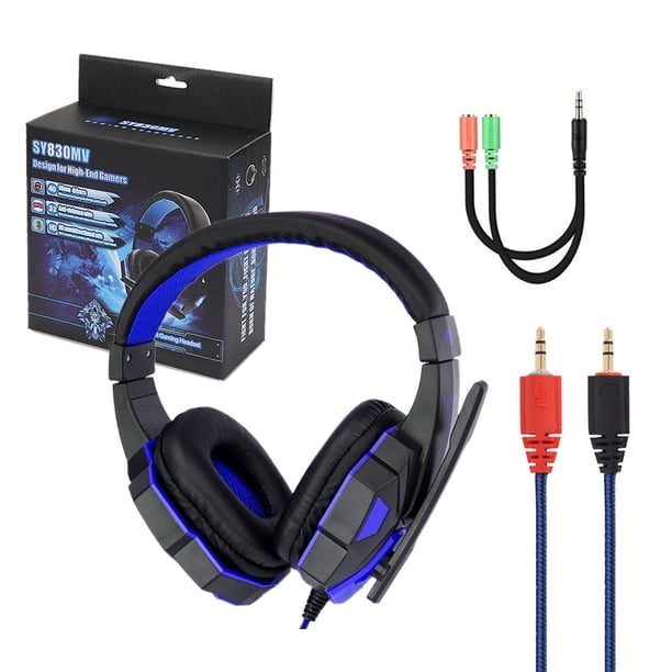 Bearachild Auriculares para juegos de graves ajustables, consola de juegos de ordenador profesional, sonido envolvente estéreo, auriculares para juegos con Cables de audio/vídeo azul negro Sin luz
