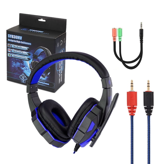 Tholdsy Auriculares para juegos de graves ajustables, consola de juegos de ordenador profesional, sonido envolvente estéreo, auriculares para juegos con Cables de audio/vídeo azul negro Sin luz