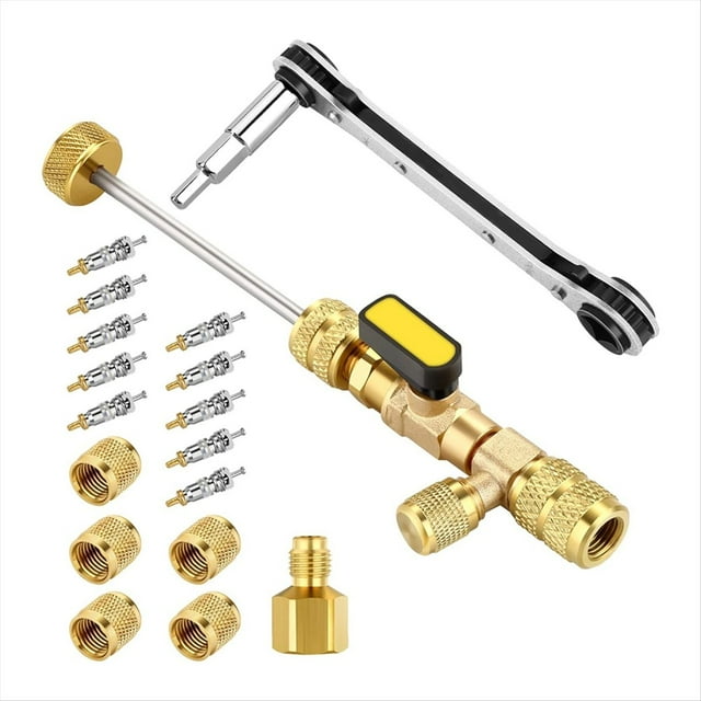 Valve Core Remover Tool and HVAC Service Wrench Set with Hex Bit Adapter,Size SAE 1/4 & 5/16 Port,10 PCS Valve Cores Et