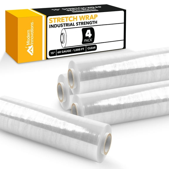 Modern Innovations 15 Inch Clear Stretch Wrap Replacement Roll (4 Refill Rolls-4000 Feet) No Handle, Shrink Wrap for Moving, Packing Supplies for Wrapping Furniture, Plastic Pallet Cling