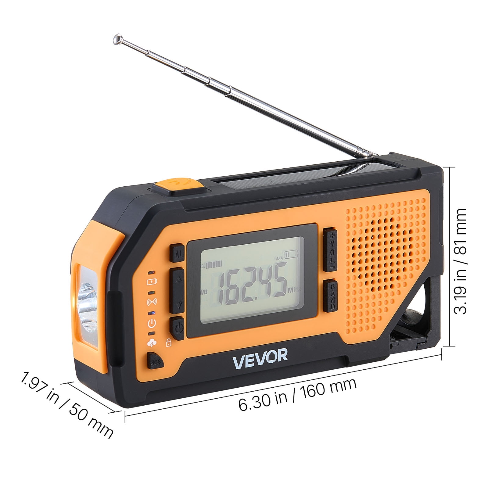 VEVOR Emergency Weather Radio, 2000mAh Battery, FM/AM/WB/NOAA Alert Solar Hand Crank Emergency Radio, with USB Charging Cable, SOS Alarm and Flashlight, Portable for Outdoor Emergencies, Camping