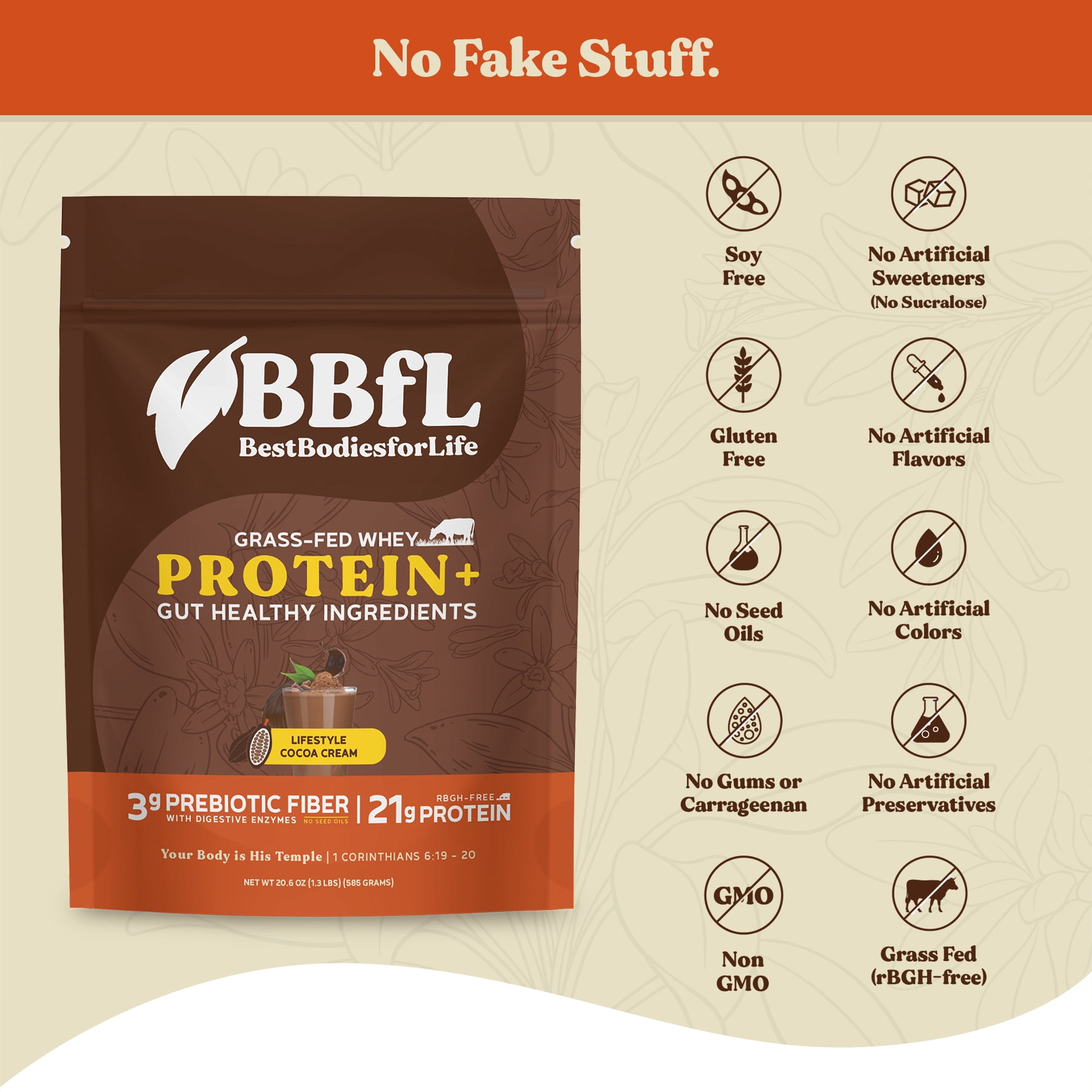 BBfL Protein Meal Replacement Powder, 21g Protein, Organic Whey Protein, Apple Cider Vinegar, 50mg Digestive Enzymes, Prebiotics, All in One Shake (15 Servings, Cocoa)
