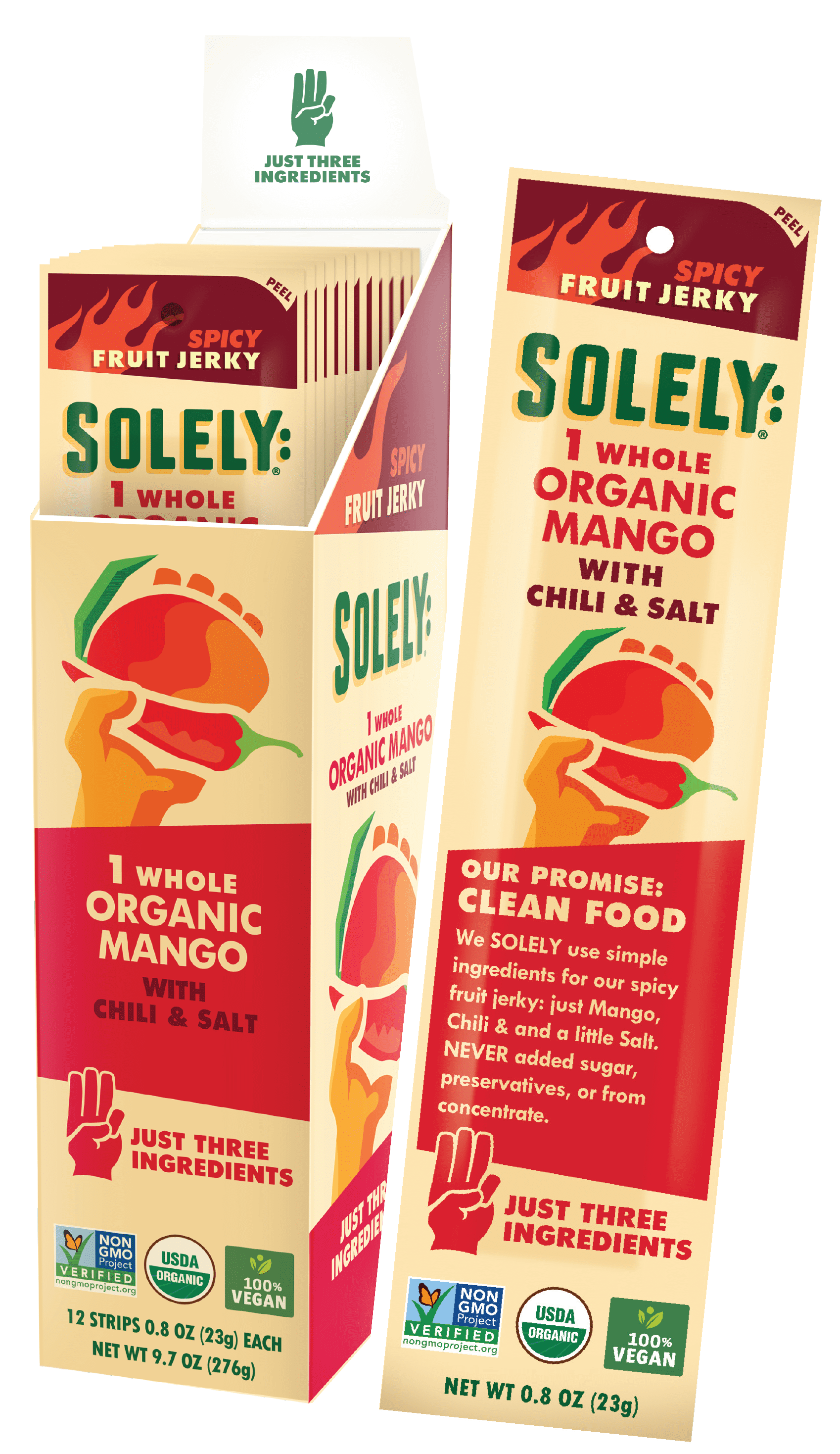 SOLELY Organic Mango with Chili & Salt Fruit Jerky, 12 Strips Three