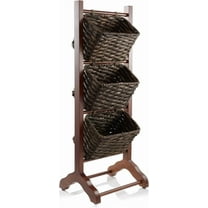 WYDK 3-Tier Floor Stand with Water Hyacinth Storage Baskets, Walnut/Espresso - Standing Organizer Rack for Bathroom, Kitchen, Laundry, Living Room