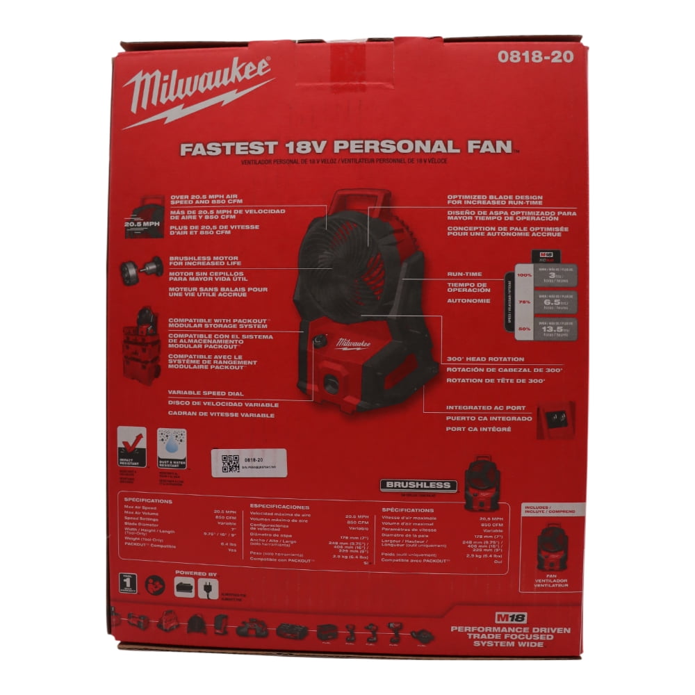 Milwaukee 0818-20 M18 18V Brushless PACKOUT Fan (Bare Tool)