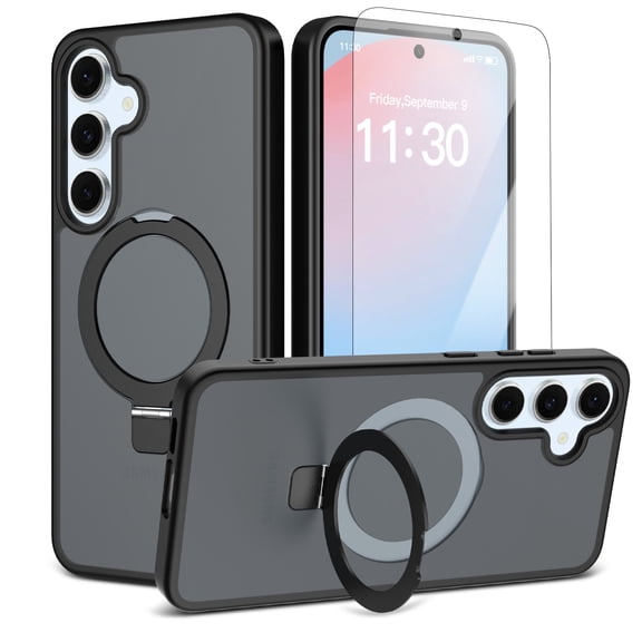 ELEHOLD Magnetic Case For Samsung Galaxy S25 FE With Screen Protector,Slim Shockproof Matte Frosted Ring Kickstand Magnetic Cover,Black