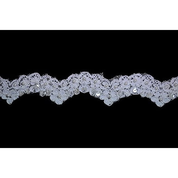 Altotux 1.5" White Pearl Beading Sequins Floral Corded Raschel Lace by Yardage