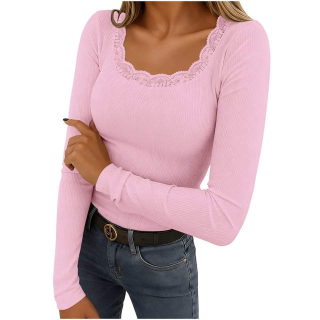 KIHOUT Women's Long Sleeve Ribbed Knit Lace Panel U-Neck Fitted Thermal Base Layer Top for Fall Winter Spring Casual Daily Wear