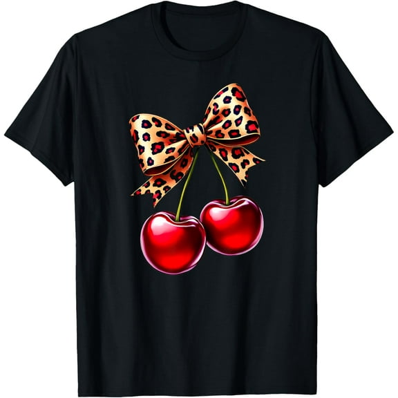 Coquette Cherry Leopard Ribbon Bow Women Girls T-ShirtPure cotton short-sleeved shirts for both men and women