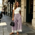 thumbnail image 4 of Elvqul Womens High Waist Pants Wide Leg Trousers Lace Hem Striped Flowy Palazzo Summer Fall Elastic Waist Pants for Women Pocket, 4 of 9
