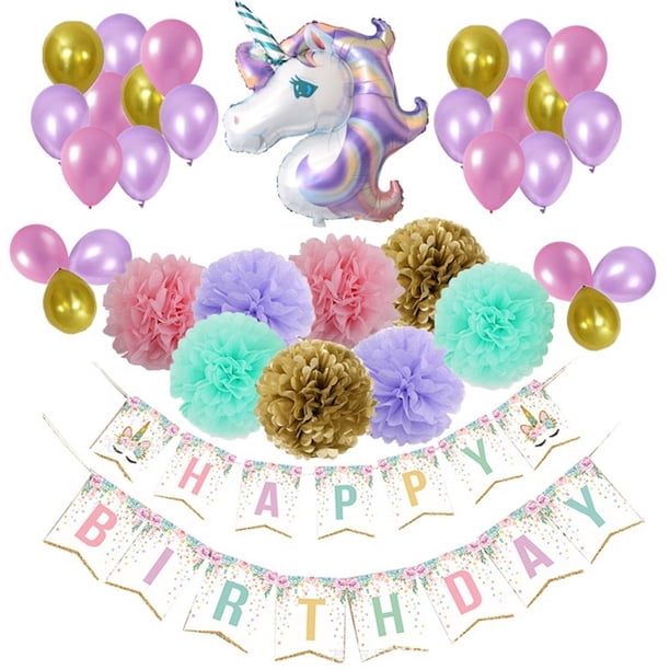 Kit de globos de unicornio para cumpleaños con 36 globos, pancarta y pompón