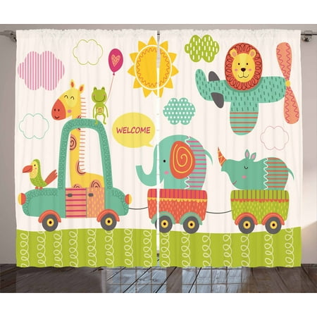 Kids Curtains 2 Panels Set Train With Baby Jungle Animals Saying