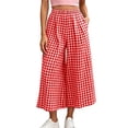 thumbnail image 2 of Costeam Womens Gingham Plaid Elastic High Waist Cropped Wide Leg Capri Pants Dual Side Inset Hand Pockets Soft Lightweight Knit Loose Fit Summer Casual Trousers, 2 of 6