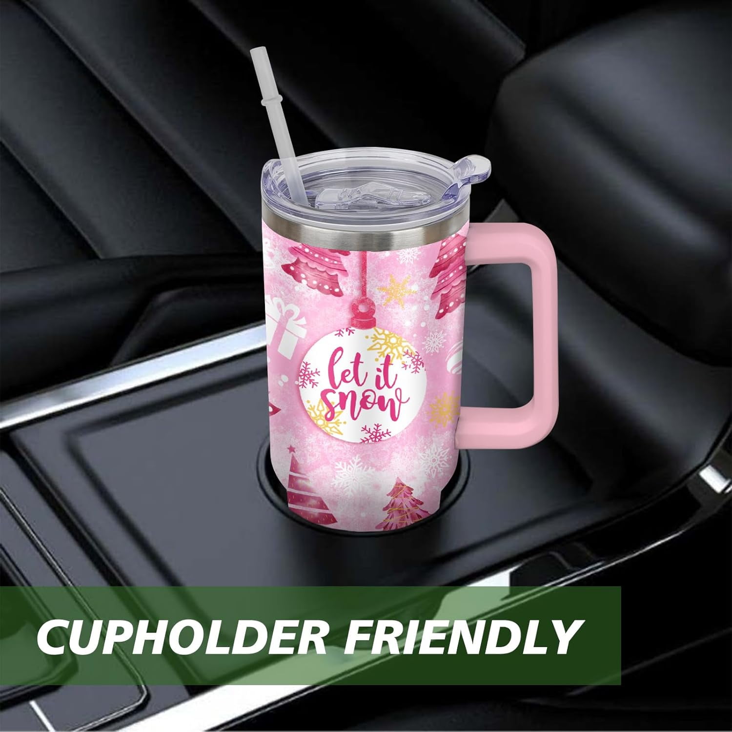 Christmas Tumbler 40 oz Christmas Tumblers with Handle and Straw Pink Christmas Tree Stainless Steel Insulated Coffee Cups Mugs Christmas Gifts Stuff Decor for Women Girls