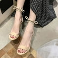 thumbnail image 4 of AXXD Women Beige Sandals Strappy Sandals Summer Casual Peep Toe Sandals Lace-Up Solid Color High Heel Chunky Heel Shoes, 4 of 5