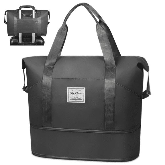 Expandable Travel Duffle Bag, Weekender Bag Carry on Overnight Bag with Wet Pocket for Women Men, 35L Foldable Personal Item Bag Sports Tote Gym Bag Hospital Mom Tote Bag for Labor and Delivery Black