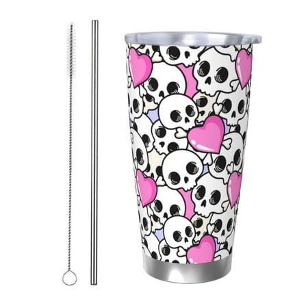 

Qekee skull with hearts Print 20OZ Car Cup Stainless Steel Vacuum Insulated Tumbler Tumbler Cup With Lid And Straw Travel Coffee Mug-Straw Two-piece Set