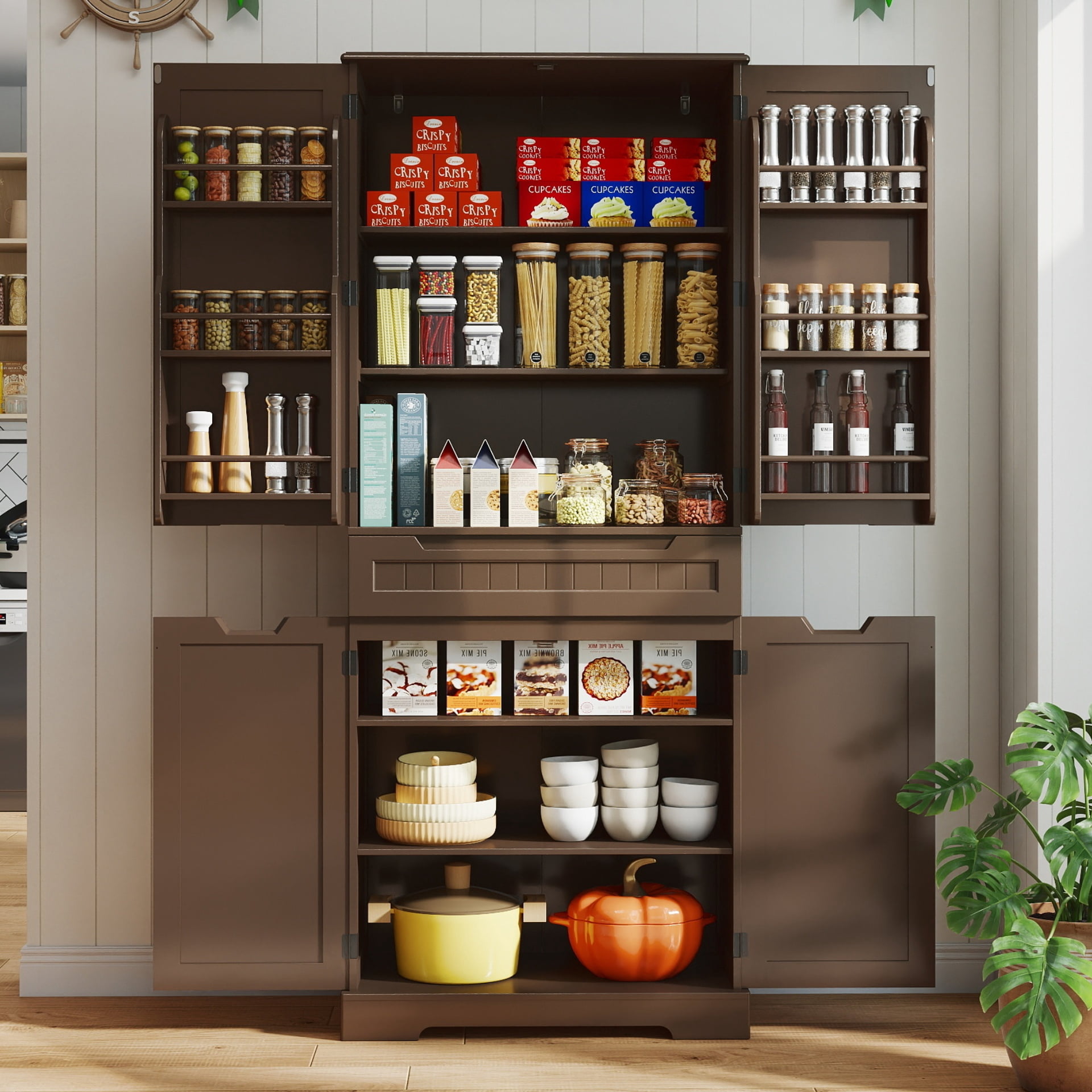 Pantry Cabinet Clearance, Lofka 71" Large Kitchen Storage Cabinet with Adjustable Shelves & Anti-Tip Design, 4 Doors, 12 Shelves, 1 Drawer, Dark Brown