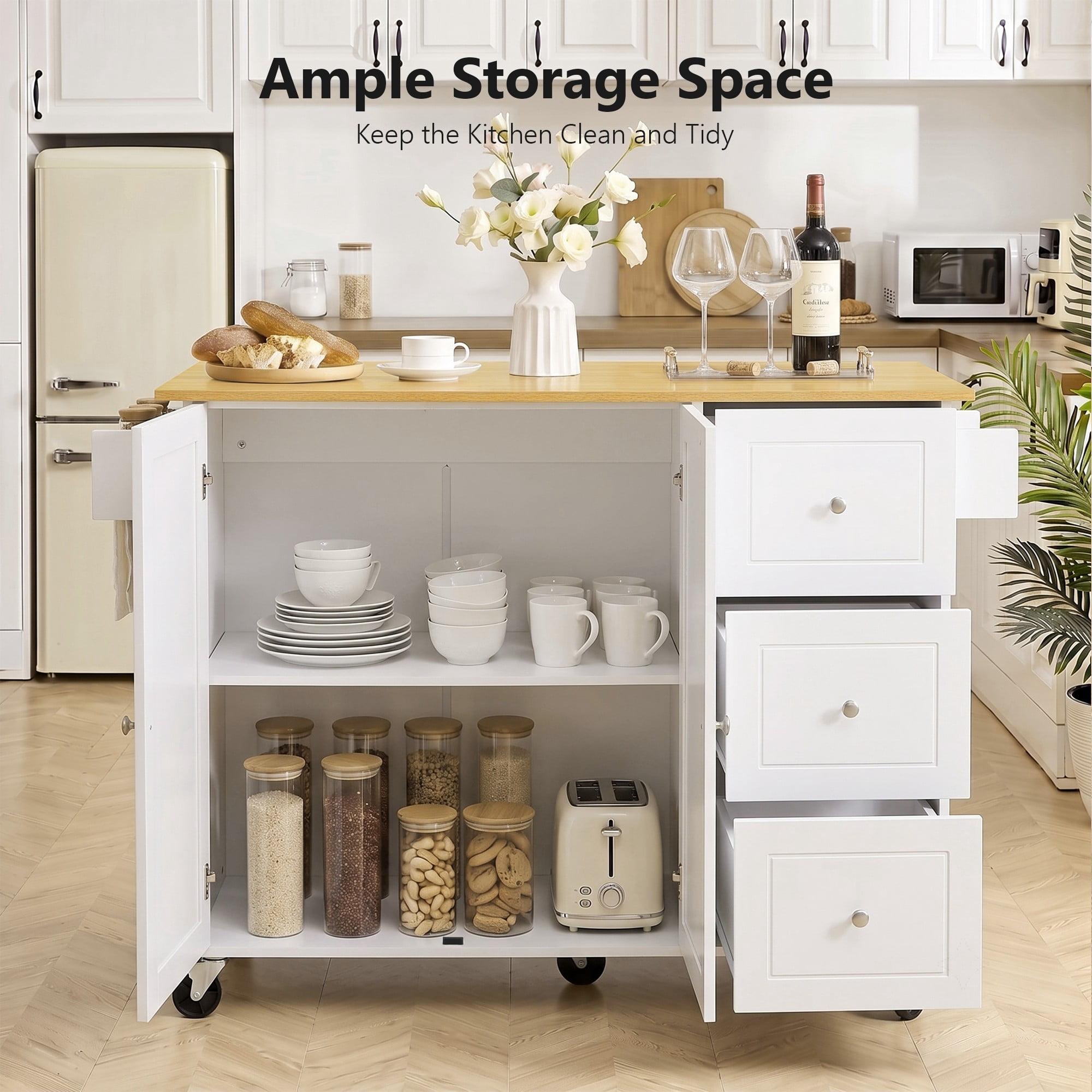 Rolling Kitchen Island Cart with Drop-Leaf, 3 Drawers, Cabinet, Spice Rack, Towel Rack, 5 Casters, 250 lbs Capacity, Mobile Storage for Kitchen Dining