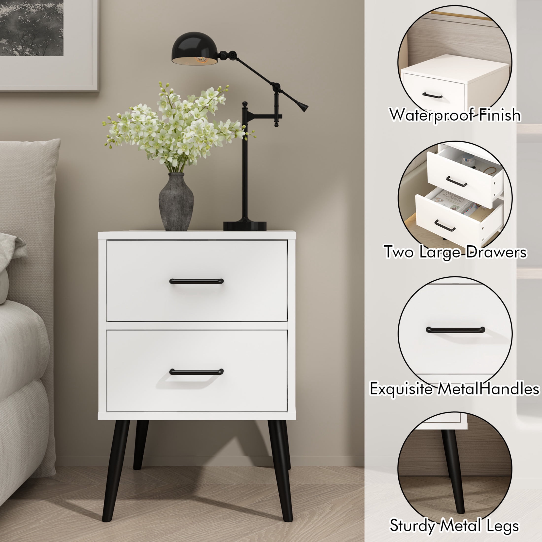 Noble House Misty 16" Modern 2-Drawer Nightstand with Tapered Metal Legs, Small End Table for Bedroom, White