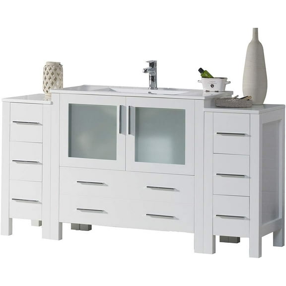Blossom 60" Bathroom Vanity | Glossy White | Solid Wood | Ceramic Sink | Double Side Cabinets | Freestanding