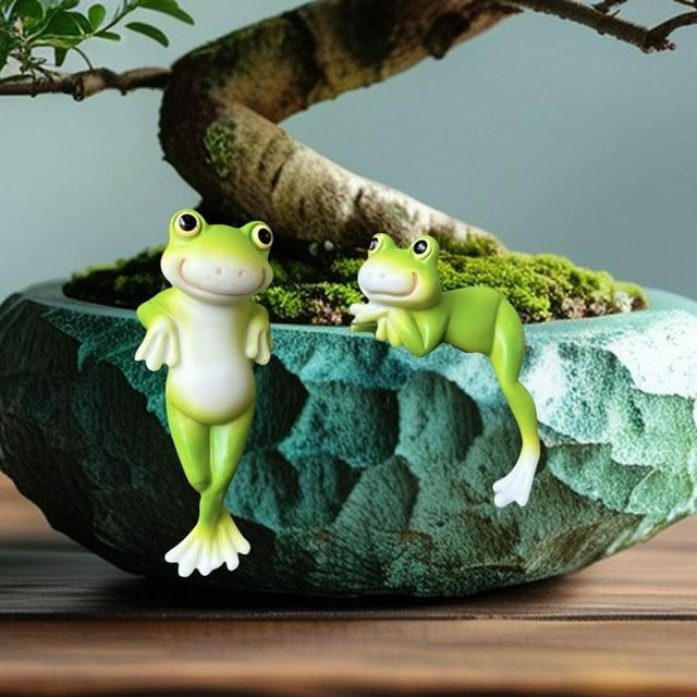 2 piezas Estatuas de rana Figuras de rana encantadora decoración de planta impermeable Resina creativa Pequeña para la casa Micro paisaje